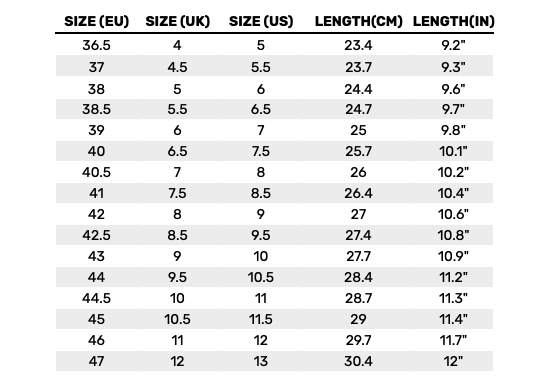 2026 Element Mens Footwear  Size Chart